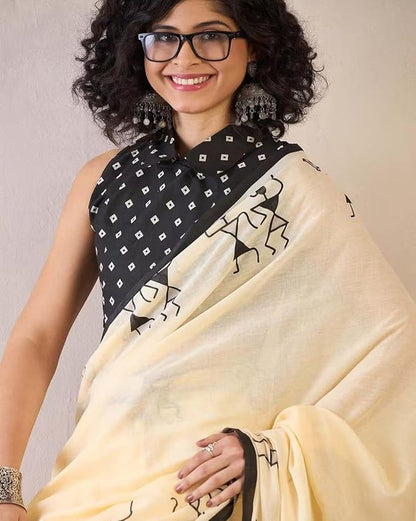 Cream White Linen Cotton Saree with Tribal Art Print