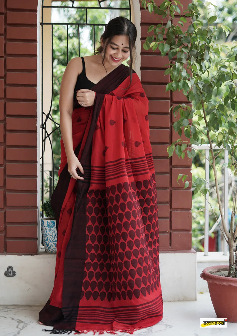 Ruby Red Linen Cotton Saree with Black Border