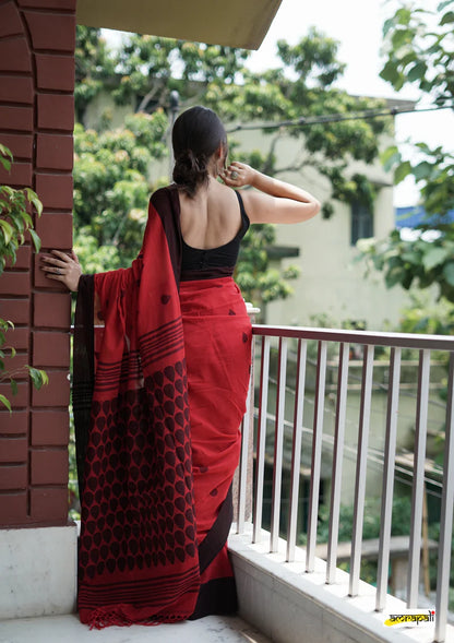 Ruby Red Linen Cotton Saree with Black Border