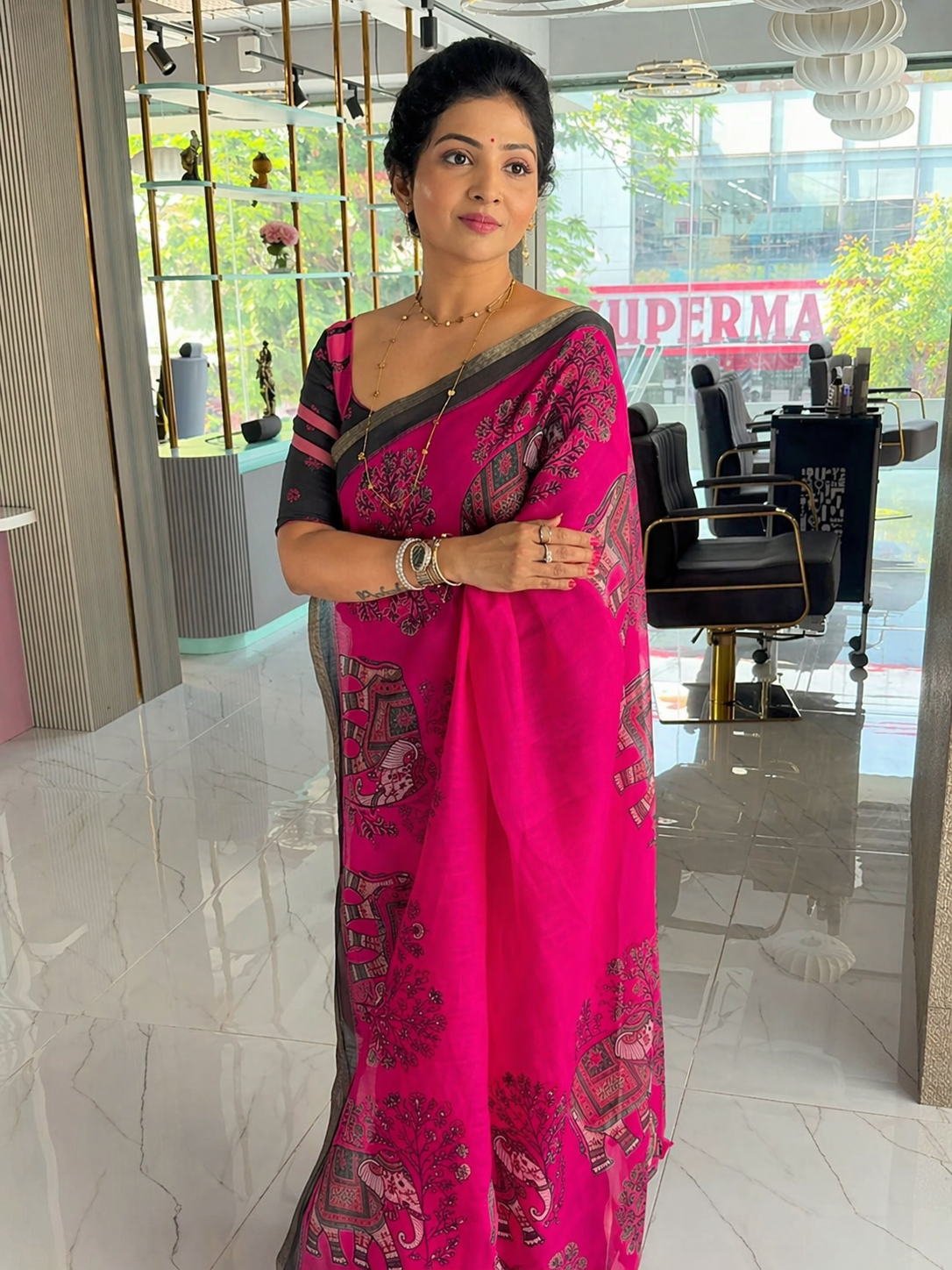 Hot Pink Linen Saree with Black Elephant Motif Print