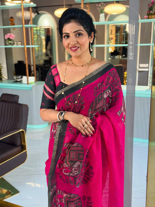 Hot Pink Linen Saree with Black Elephant Motif Print