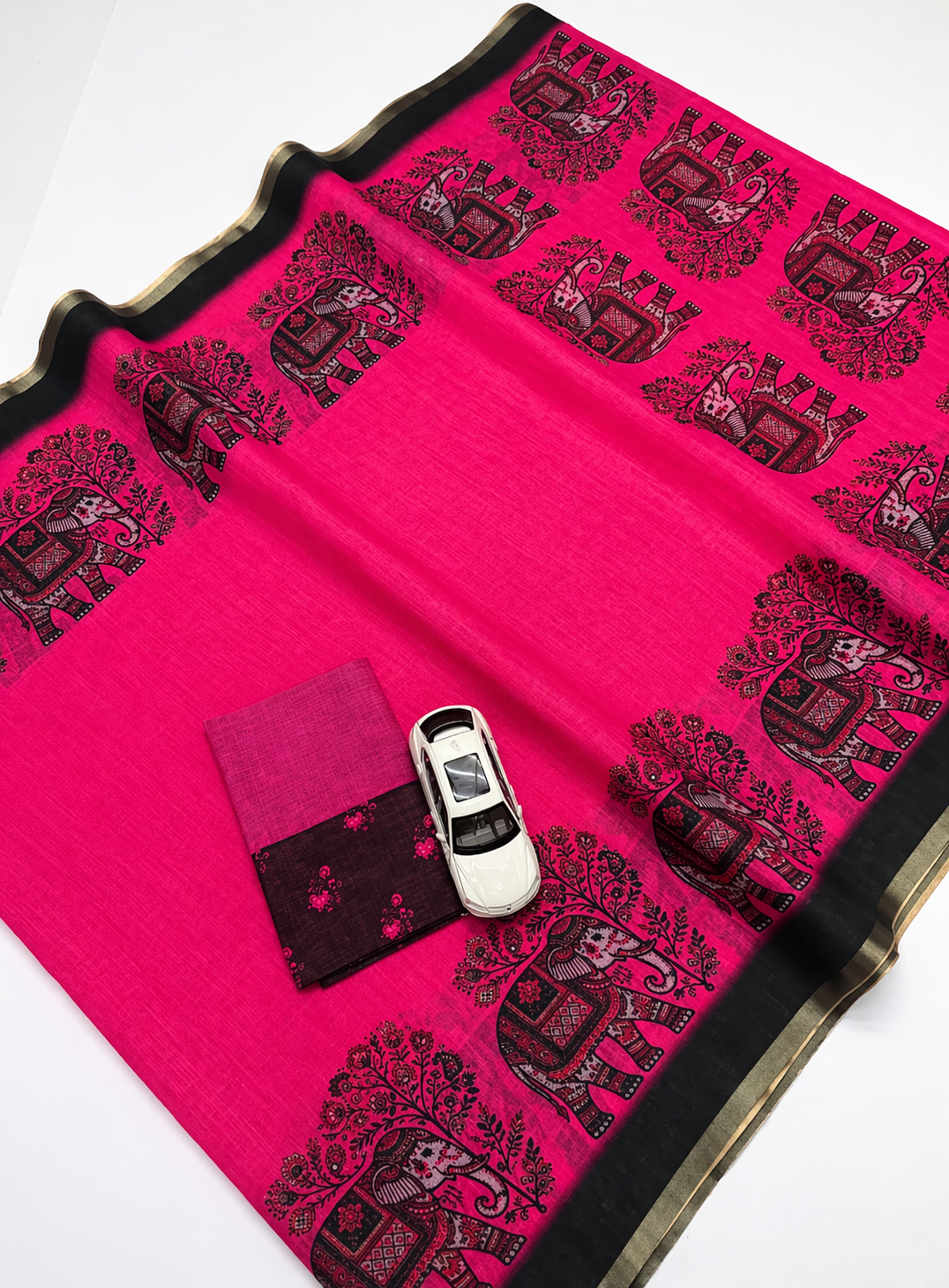 Hot Pink Linen Saree with Black Elephant Motif Print