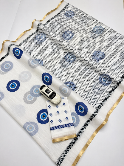 White Linen Saree with Blue Abstract Print & Contrast Border
