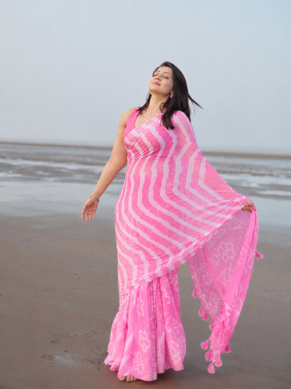 Pink Leheriya Chiffon Saree with Bandhani Pallu