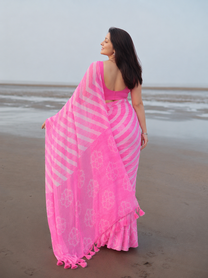 Pink Leheriya Chiffon Saree with Bandhani Pallu