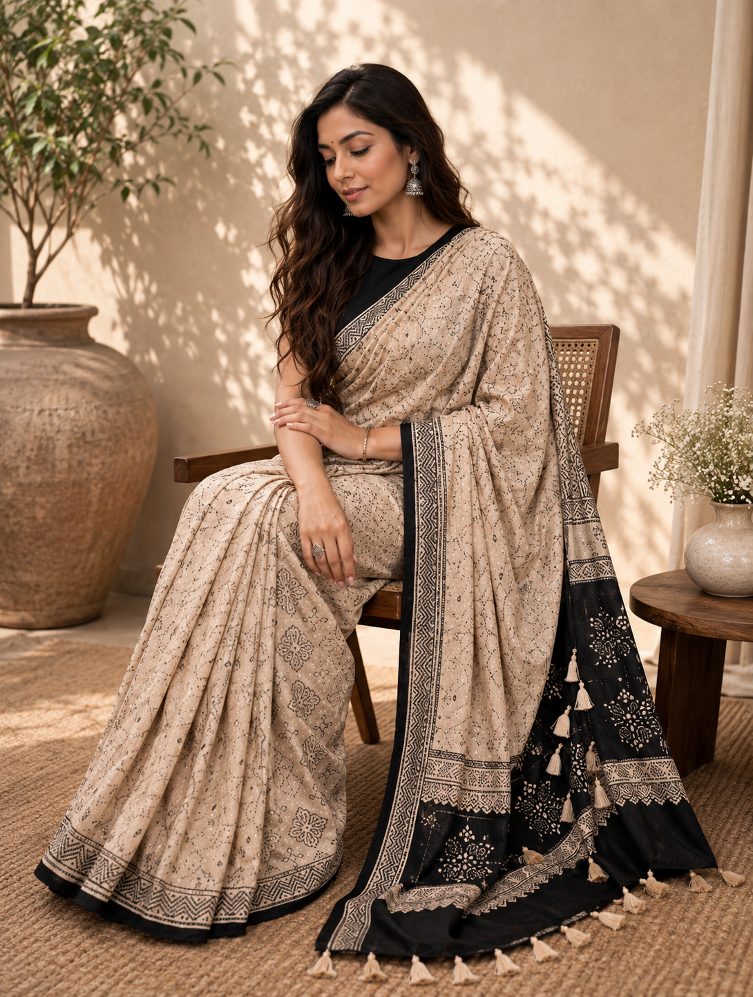 Ivory Beige Ajrakh Gajji Mirror Work Saree with Matching Blouse Piece