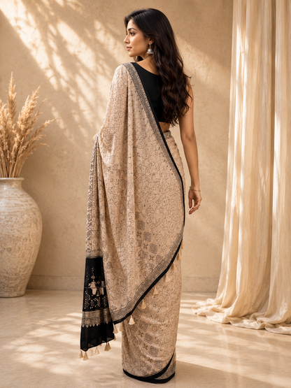 Ivory Beige Ajrakh Gajji Mirror Work Saree with Matching Blouse Piece