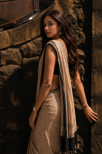 Ivory Beige Ajrakh Gajji Mirror Work Saree with Matching Blouse Piece