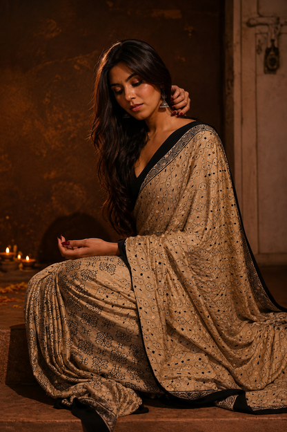 Ivory Beige Ajrakh Gajji Mirror Work Saree with Matching Blouse Piece