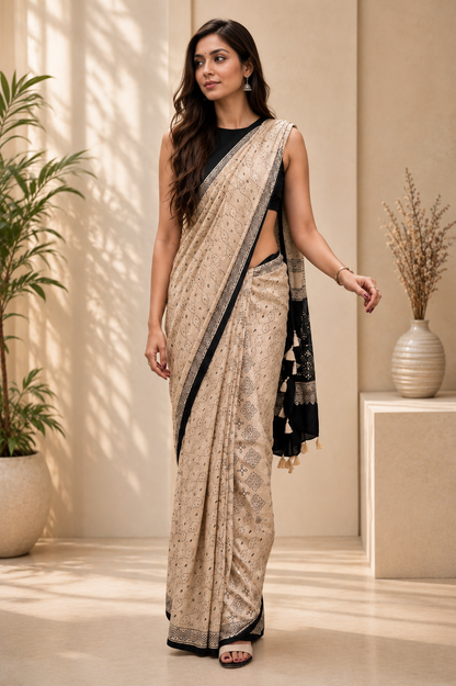 Ivory Beige Ajrakh Gajji Mirror Work Saree with Matching Blouse Piece