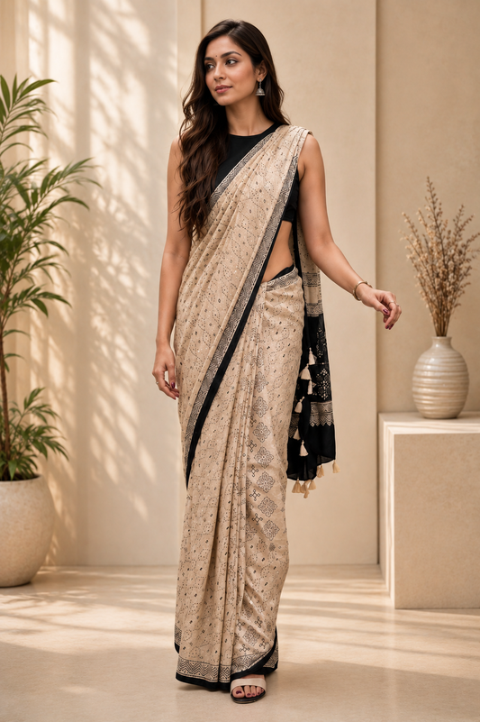 Ivory Beige Ajrakh Gajji Mirror Work Saree with Matching Blouse Piece
