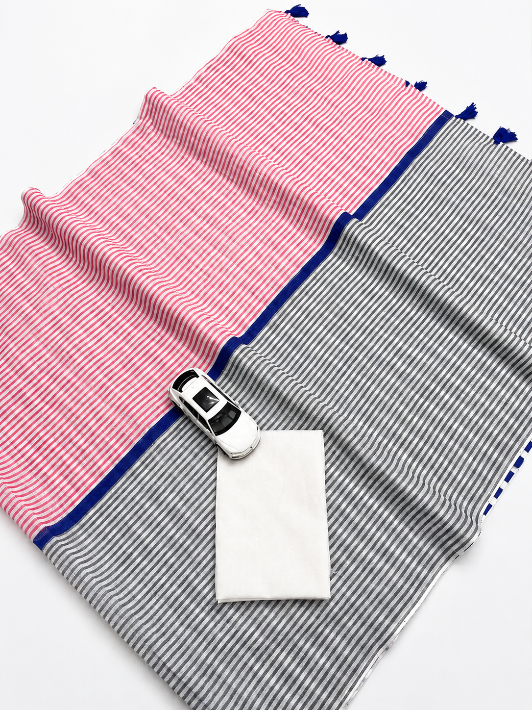 Pink Grey Cotton Linen Striped Saree with Blue Border & Tassels for Women