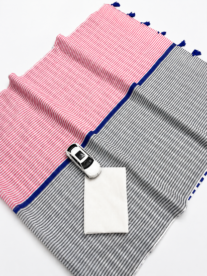 Pink Grey Cotton Linen Striped Saree with Blue Border & Tassels for Women