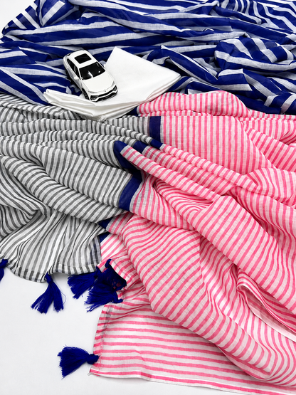 Pink Grey Cotton Linen Striped Saree with Blue Border & Tassels for Women