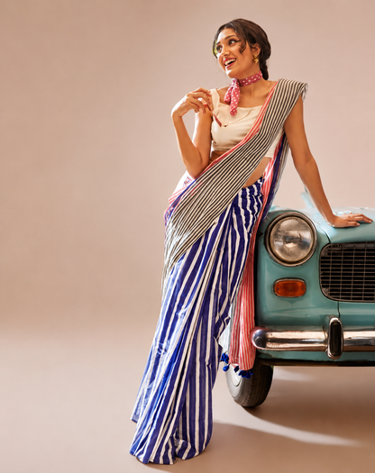 Pink Grey Cotton Linen Striped Saree with Blue Border & Tassels for Women