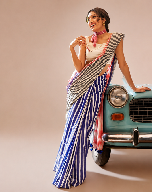 Pink Grey Cotton Linen Striped Saree with Blue Border & Tassels for Women