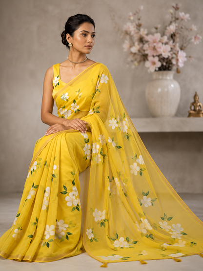 Vibrant Yellow Floral Saree with Tassel Detail