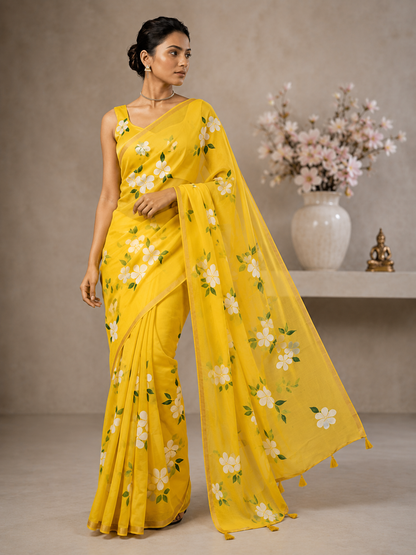 Vibrant Yellow Floral Saree with Tassel Detail
