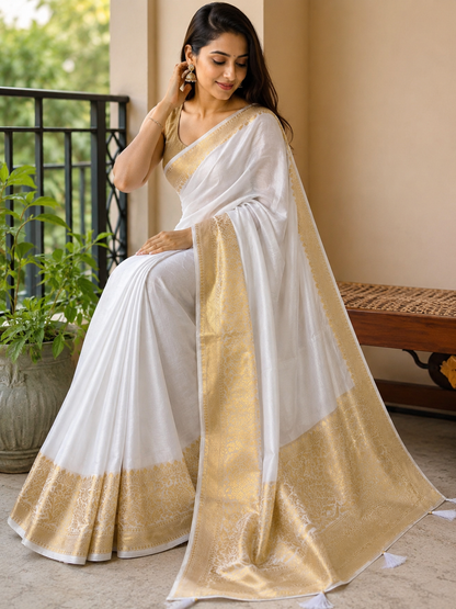 Onam White Linen Saree with Golden Border