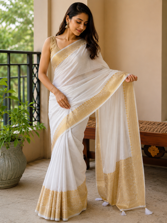 Onam White Linen Saree with Golden Border