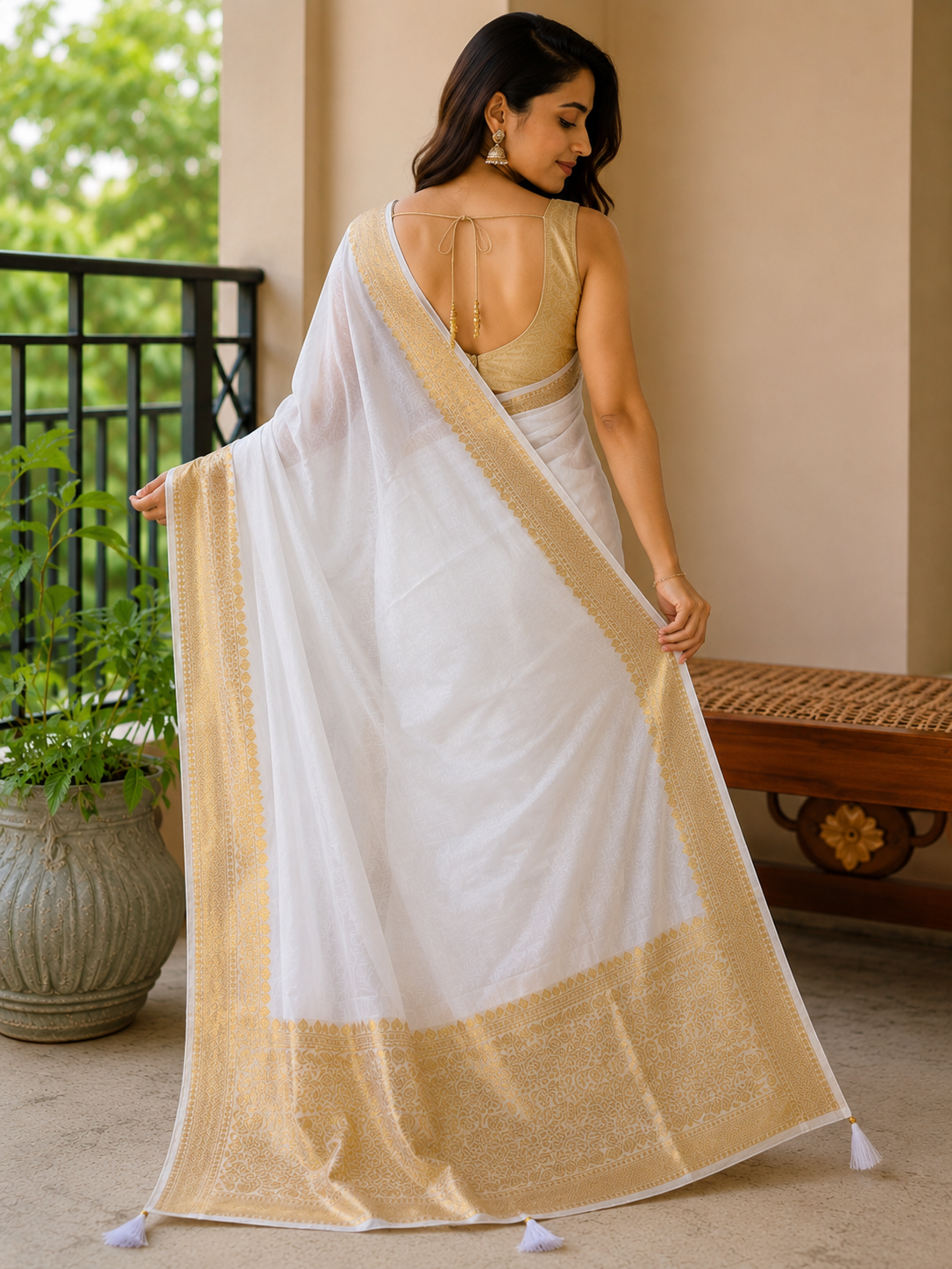 Onam White Linen Saree with Golden Border