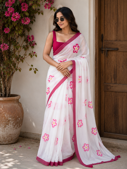 Pink Floral Handpaint Linen Saree with Plain Border
