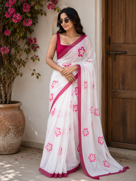 Pink Floral Handpaint Linen Saree with Plain Border