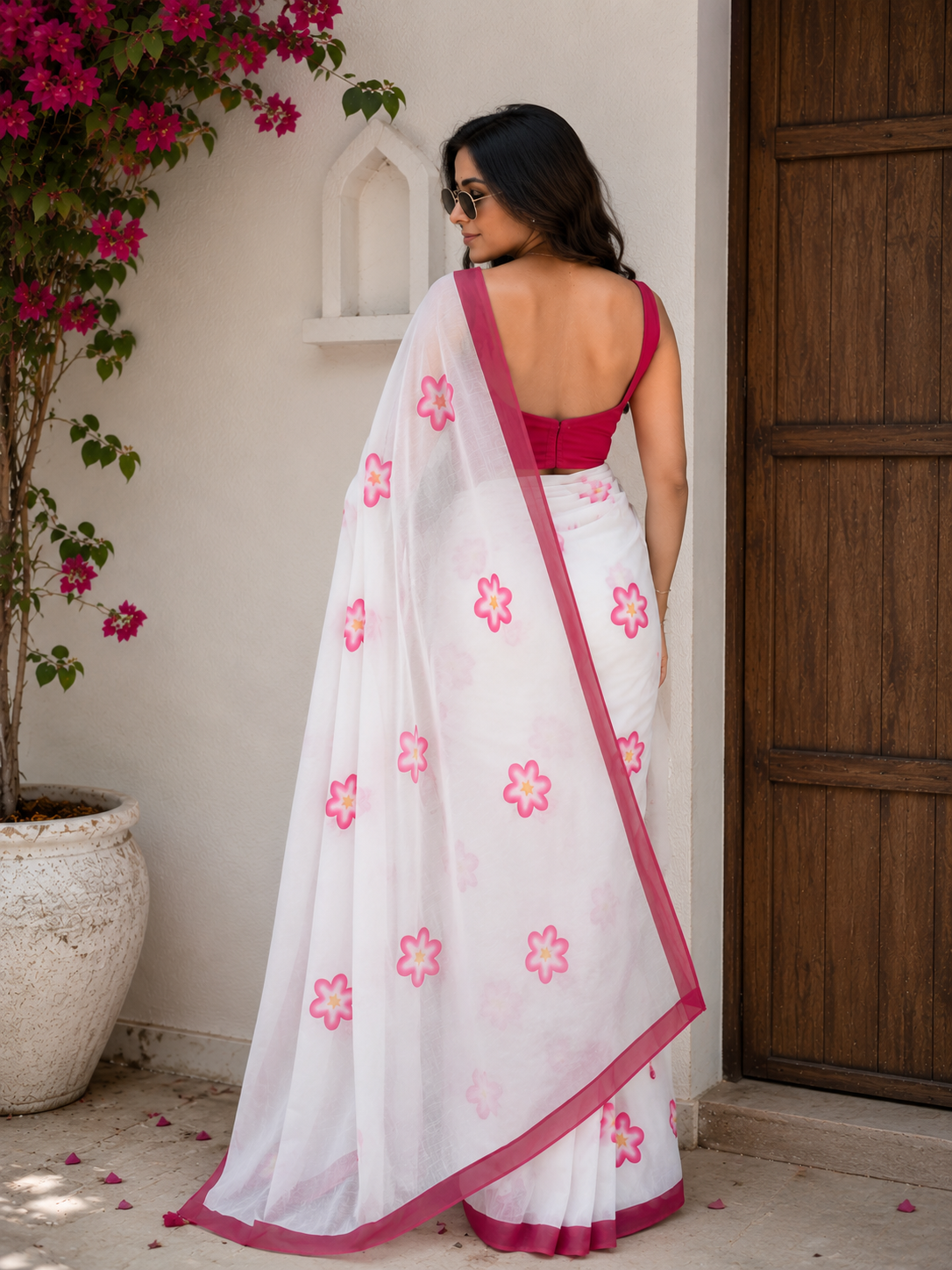Pink Floral Handpaint Linen Saree with Plain Border