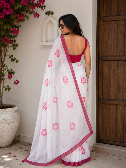 Pink Floral Handpaint Linen Saree with Plain Border