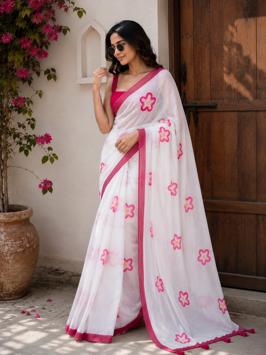 Pink Floral Handpaint Linen Saree with Plain Border
