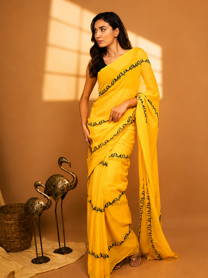 Sunflower Yellow Linen Cotton Saree with Embroidered Border
