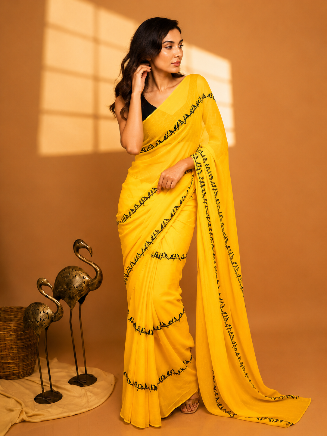Sunflower Yellow Linen Cotton Saree with Embroidered Border