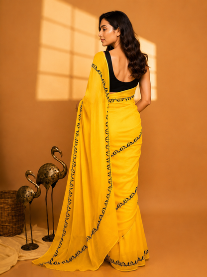 Sunflower Yellow Linen Cotton Saree with Embroidered Border