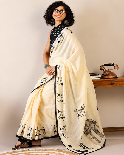Cream White Linen Cotton Saree with Tribal Art Print