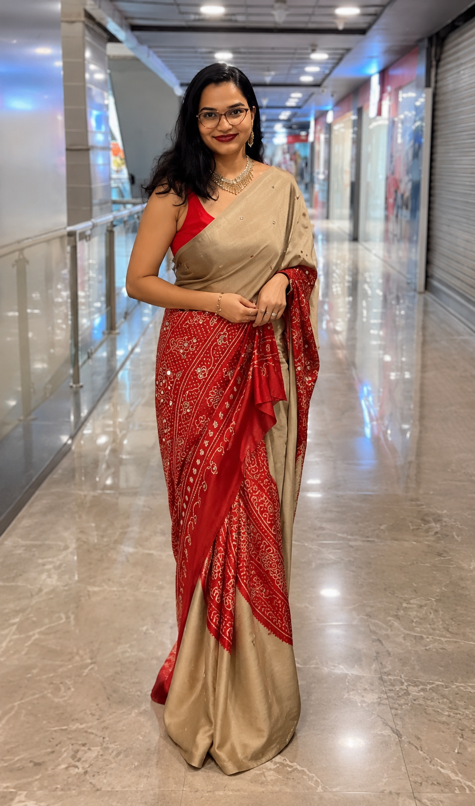 Beige Gajji Silk Saree with Red Bandhani Print Border