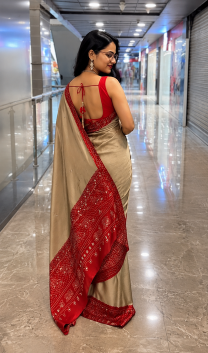 Beige Gajji Silk Saree with Red Bandhani Print Border