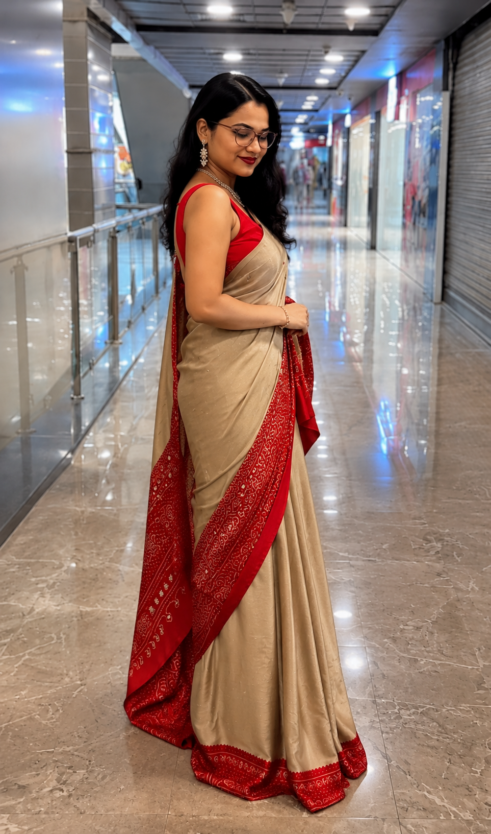 Beige Gajji Silk Saree with Red Bandhani Print Border