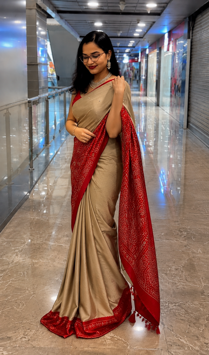 Beige Gajji Silk Saree with Red Bandhani Print Border