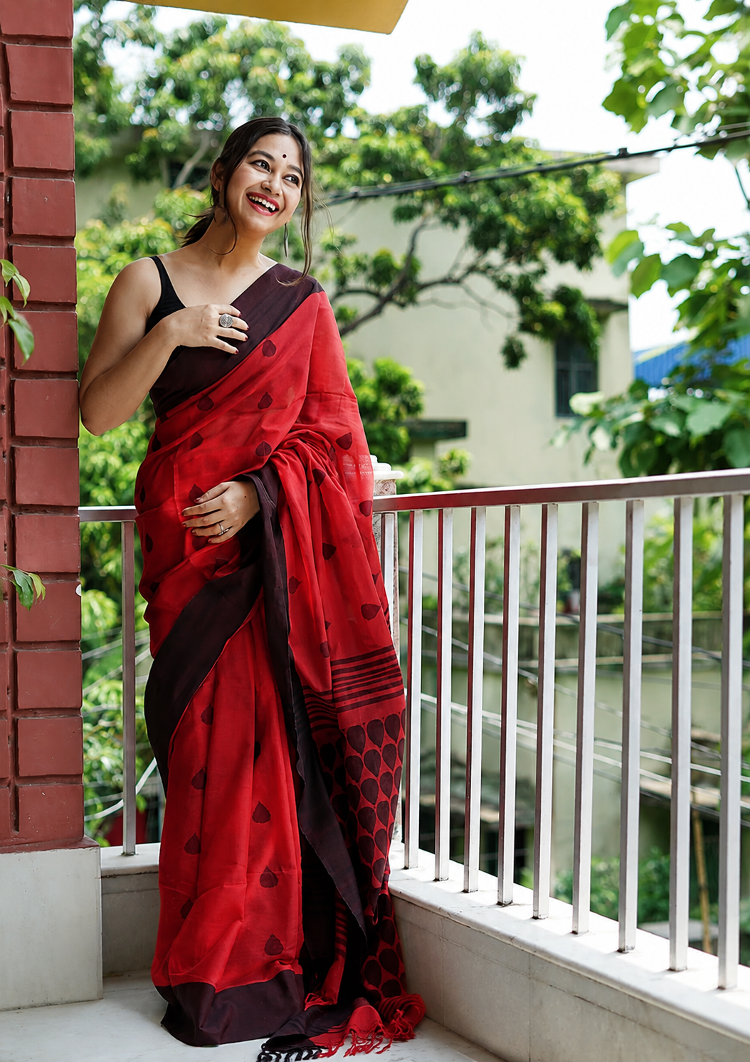 Ruby Red Linen Cotton Saree with Black Border