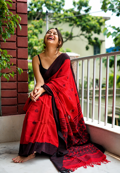 Ruby Red Linen Cotton Saree with Black Border