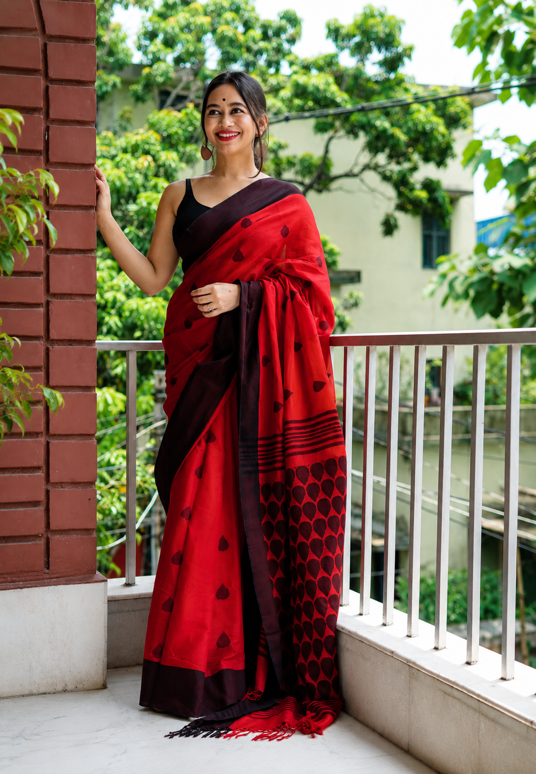 Ruby Red Linen Cotton Saree with Black Border