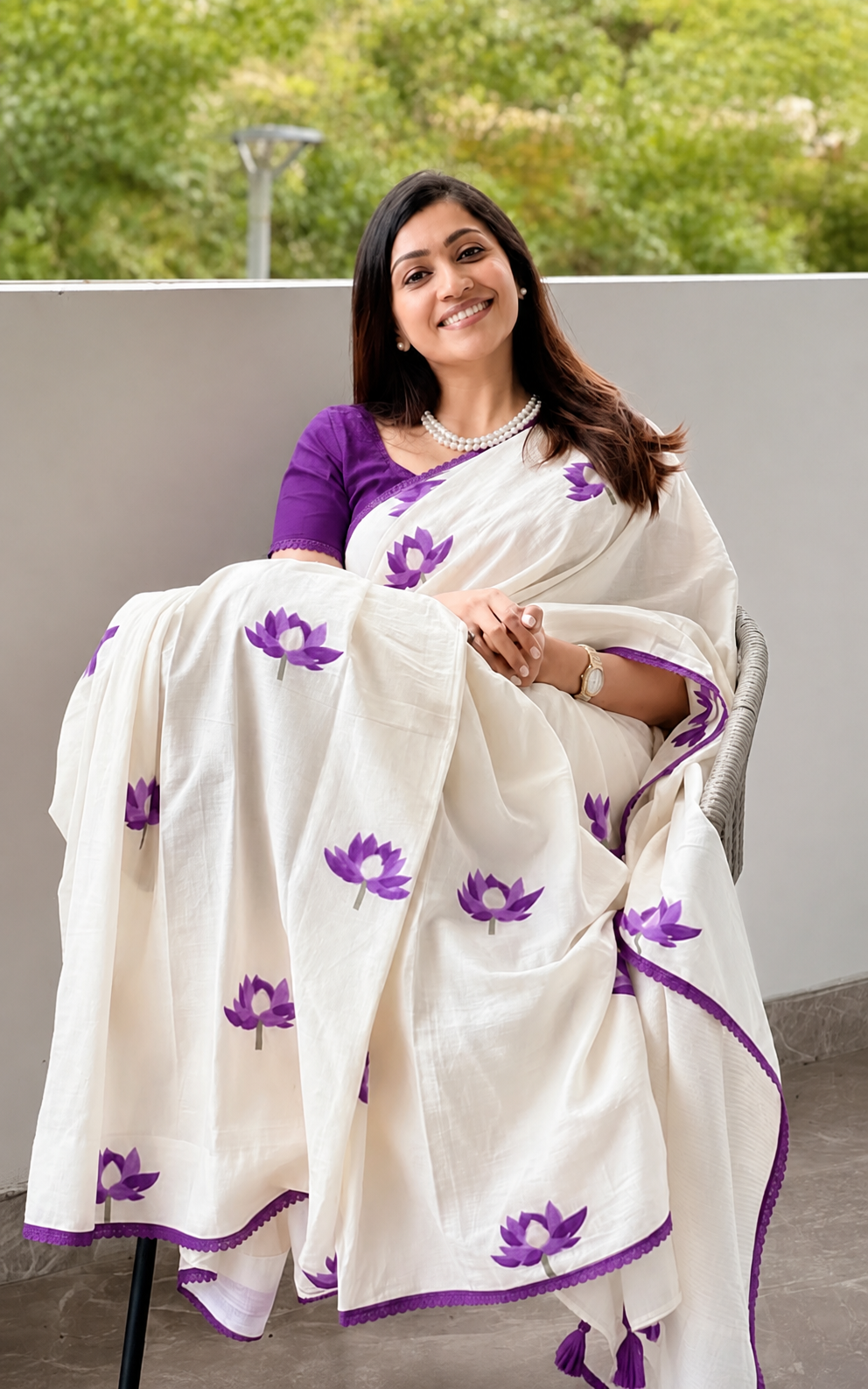 Ivory White & Royal Purple Linen Saree with Lotus Design