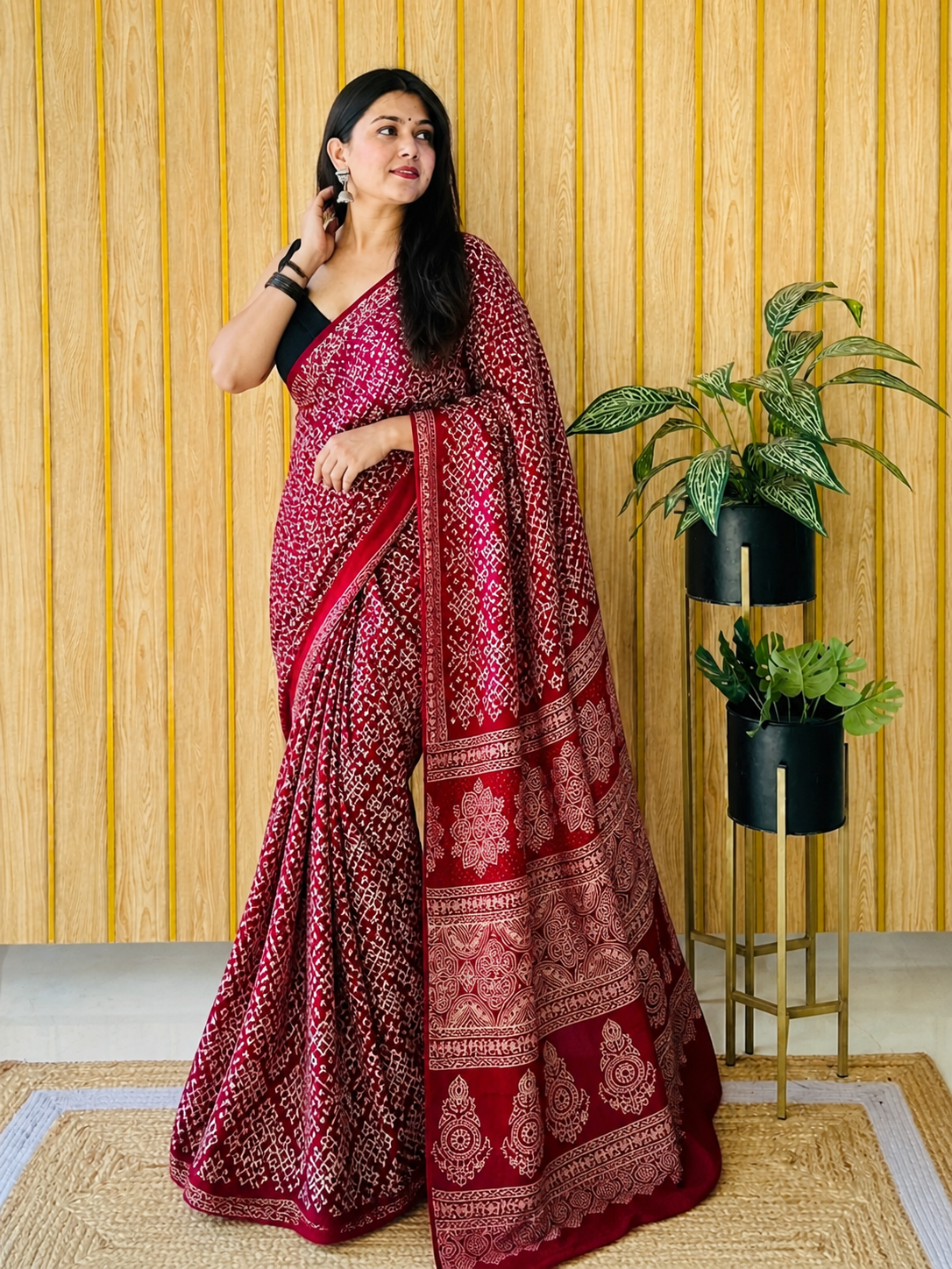 Elegant Maroon Ajrakh Modal Silk Saree with Traditional Handblock Print