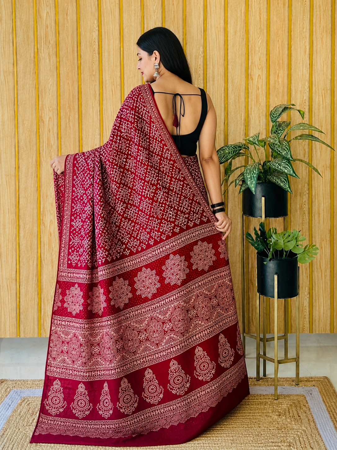 Elegant Maroon Ajrakh Modal Silk Saree with Traditional Handblock Print
