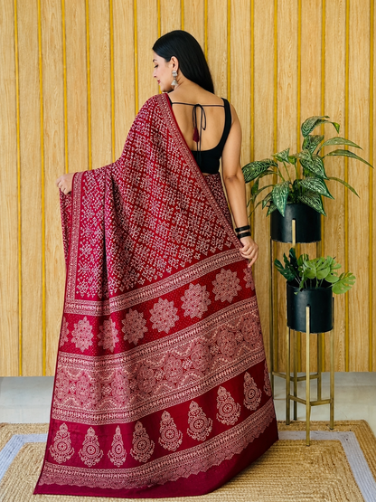 Elegant Maroon Ajrakh Modal Silk Saree with Traditional Handblock Print