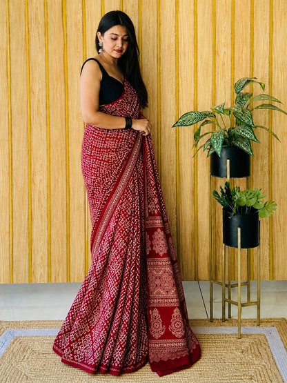 Elegant Maroon Ajrakh Modal Silk Saree with Traditional Handblock Print