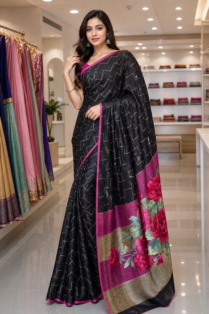 Black Premium Linen Saree with Pink Floral Border Elegant Party Wear Saree
