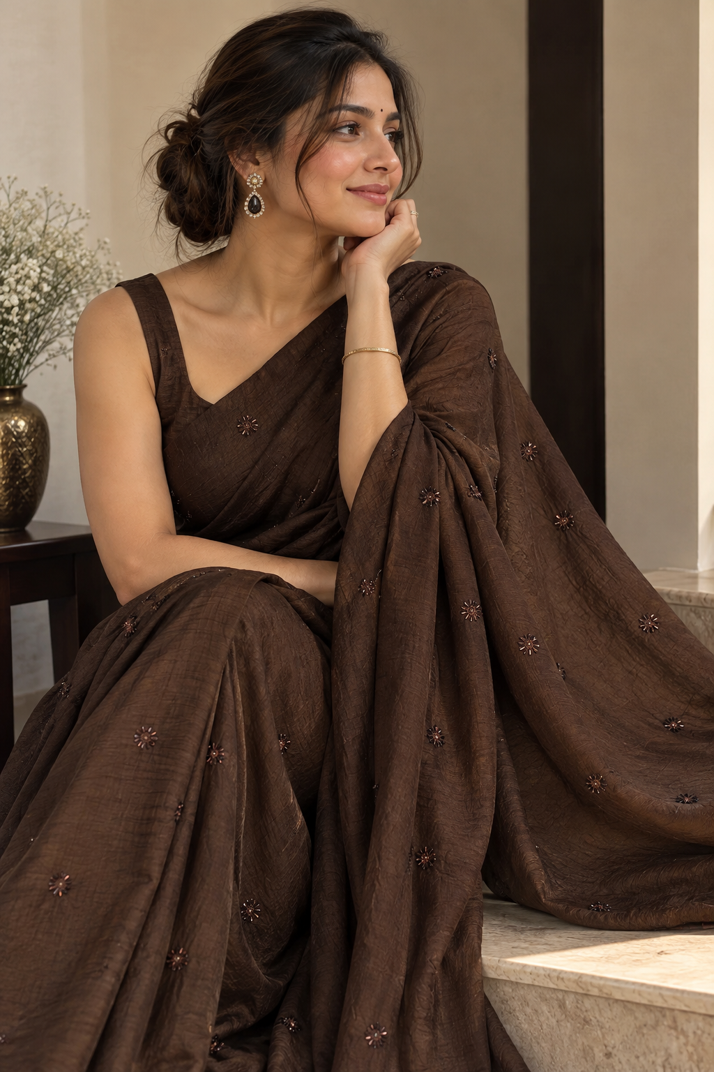 Coffee Crush Embroidered Soft Linen Saree