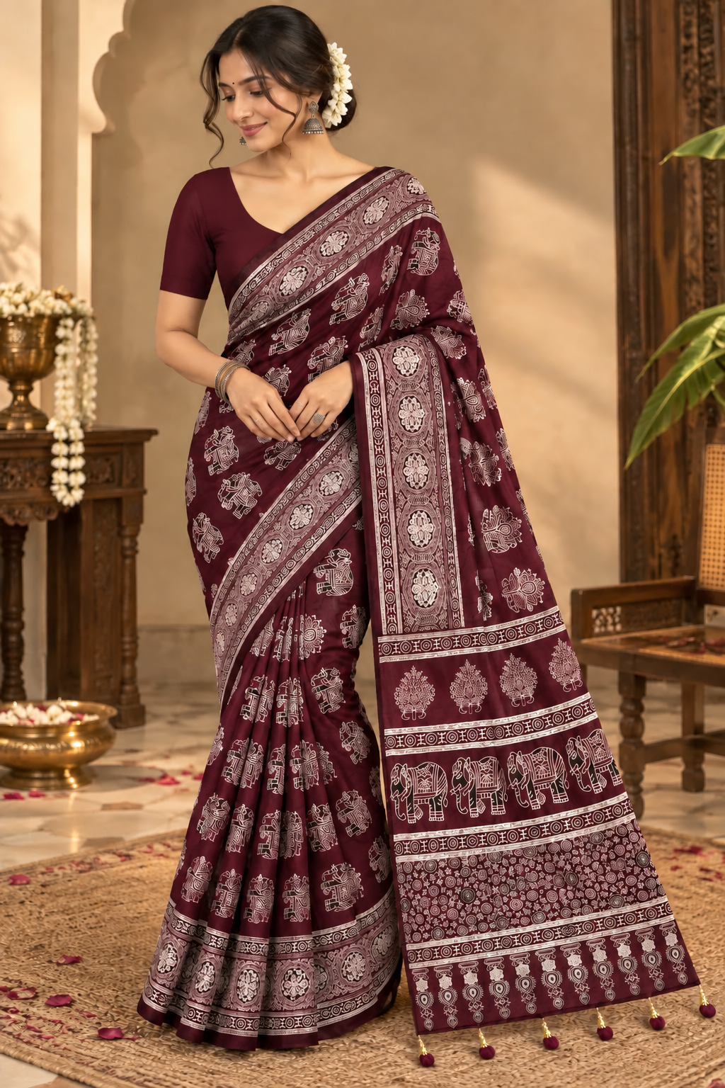 Burgundy Ajrakh Gajji Silk Saree with Elephant Motifs & Designer Pallu