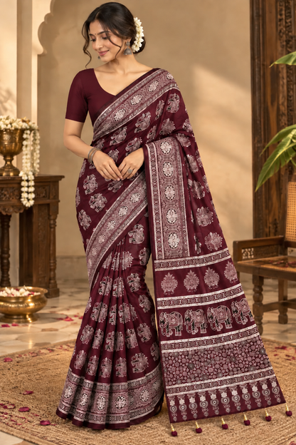 Burgundy Ajrakh Gajji Silk Saree with Elephant Motifs & Designer Pallu
